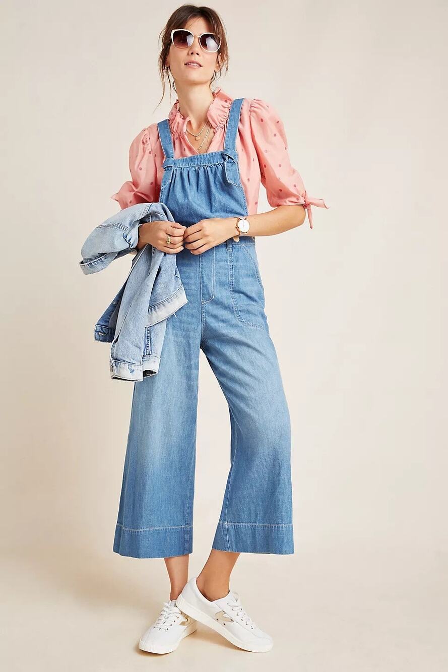 Anthropologie Pilcro Denim Overalls 18W Plus Wide Leg Cropped Light Wash